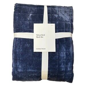 NIP $199 NORDSTROM Velvet Grid Queen Quilt & Shams Set 3pc BLUE VINTAGE Cotton
